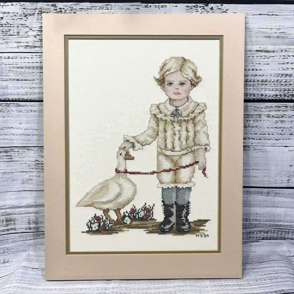 Vintage Finished Cross Stitch English Victorian Boy w/ Duck 1989 16x12